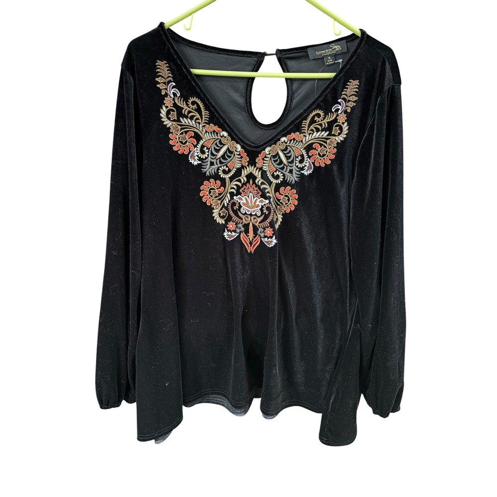 Suzanne Betro Black Velvet Embroidered V-Neck Tunic Top XL U1602476 Boho Blouse